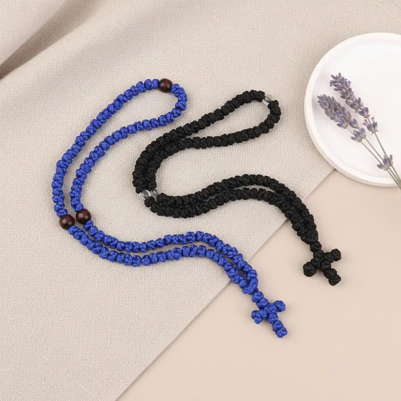 . Black Blue Komboskini Knot Necklace Handmade Orthodox Religous Rosary Prayer Rope Cross Jewelry