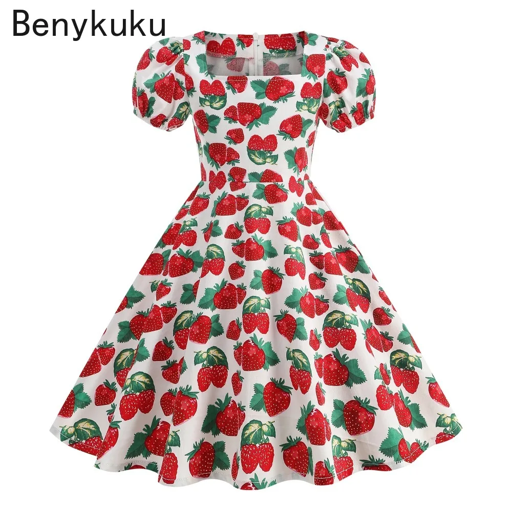 Bonito morango impressão meninas vestidos de festa pescoço quadrado manga puff crianças roupas vintage 50s retro crianças elegante vestido princesa