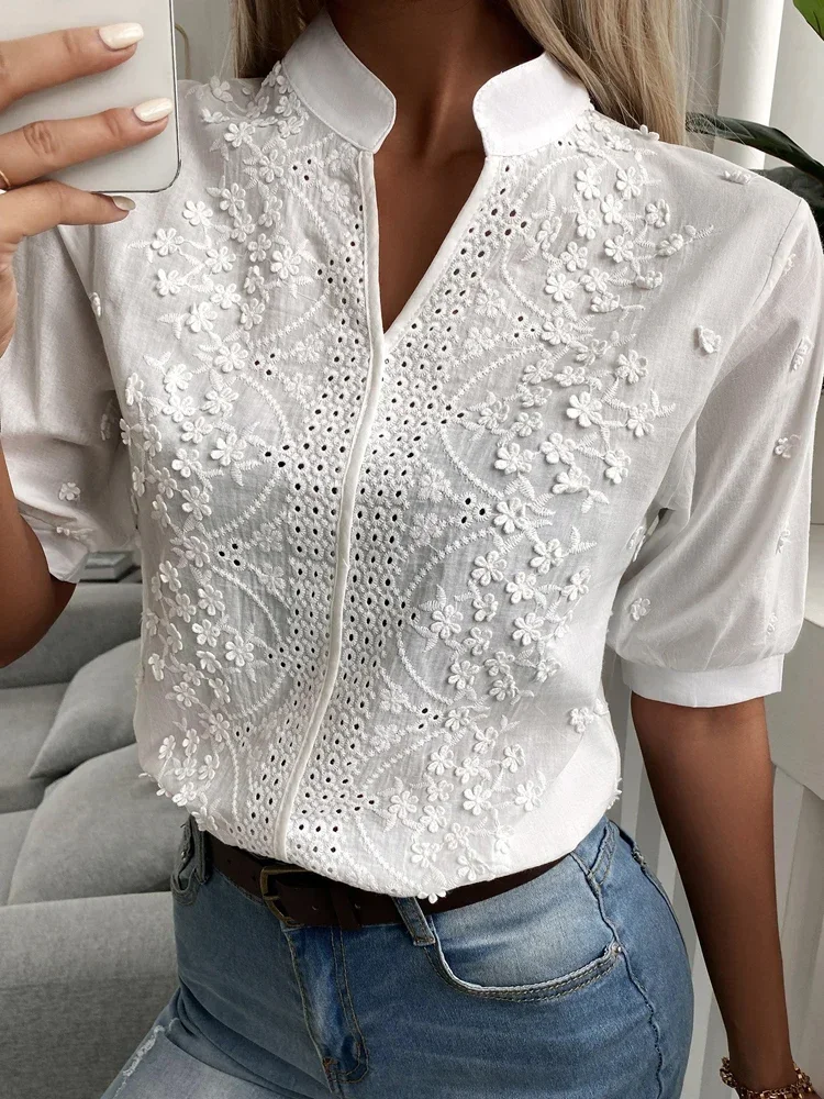 New Women Summer Floral Embroidery Lace Blouse Hollow-out Stand Collar V Neck Casual Shirt Elegant Short Sleeve Cotton Tops