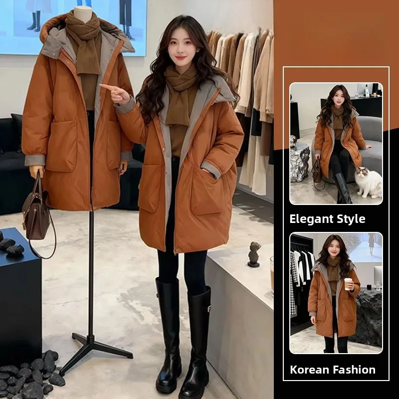 

Trendy European Style Mid-Length Thickened Cotton Jacket Women's Winter Loose Lazy Style Hooded Coat Long Sleeve Zipper Closure
