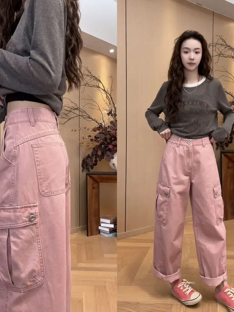 Korean Style Retro Multi-Pocket Design Workwear Casual Pants Women Summer New Fashion Loose Slim Wide Leg Pants High Waist Zi...