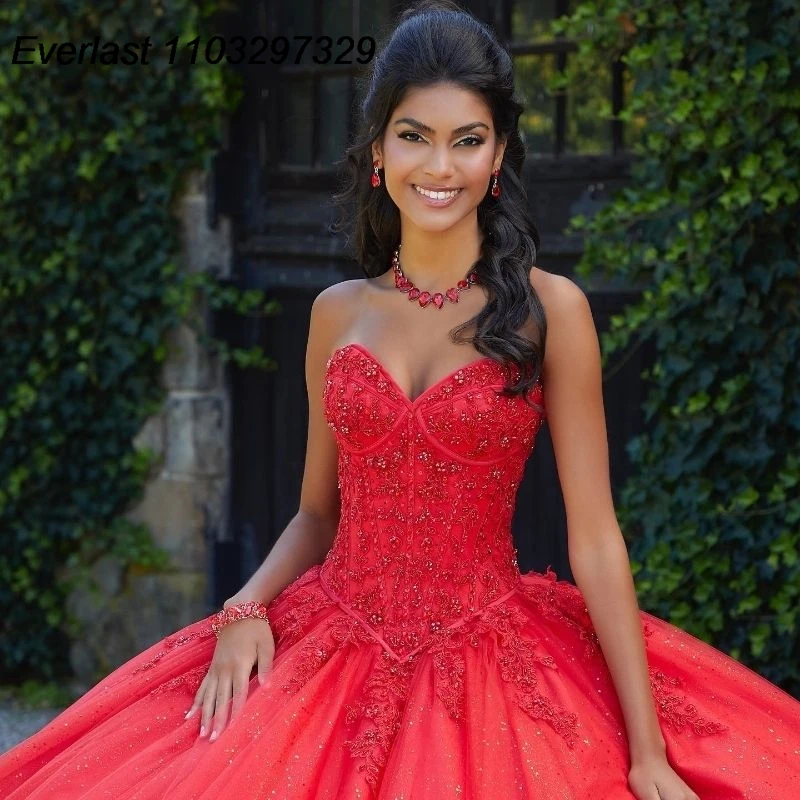 EVLAST gaun Quinceanera merah berkilau gaun bola renda Applique kristal manik-manik dengan jubah korset manis 16 Vestido De 15 Anos TQD608