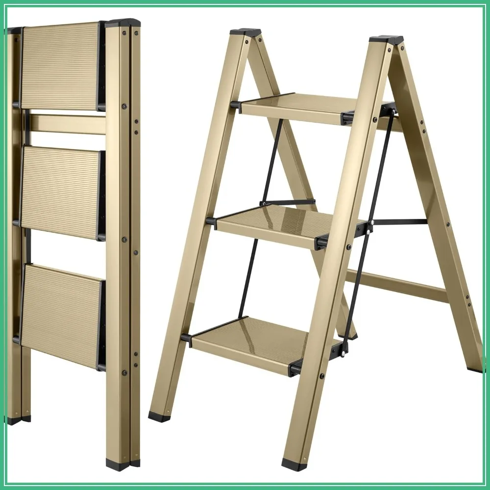 

3 Step Folding Ladder, Champagne Gold Aluminum Tripod Anti-Slip Max 330 lbs