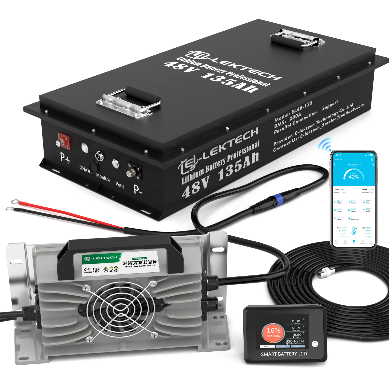 E-LEKTECH 48V 135Ah Bluetooth LiFePO4 Battery Complete Kit With Charger & LCD Monitor Built-in 200A BMS For Golf Cart RV Off-Grid Solar Storage