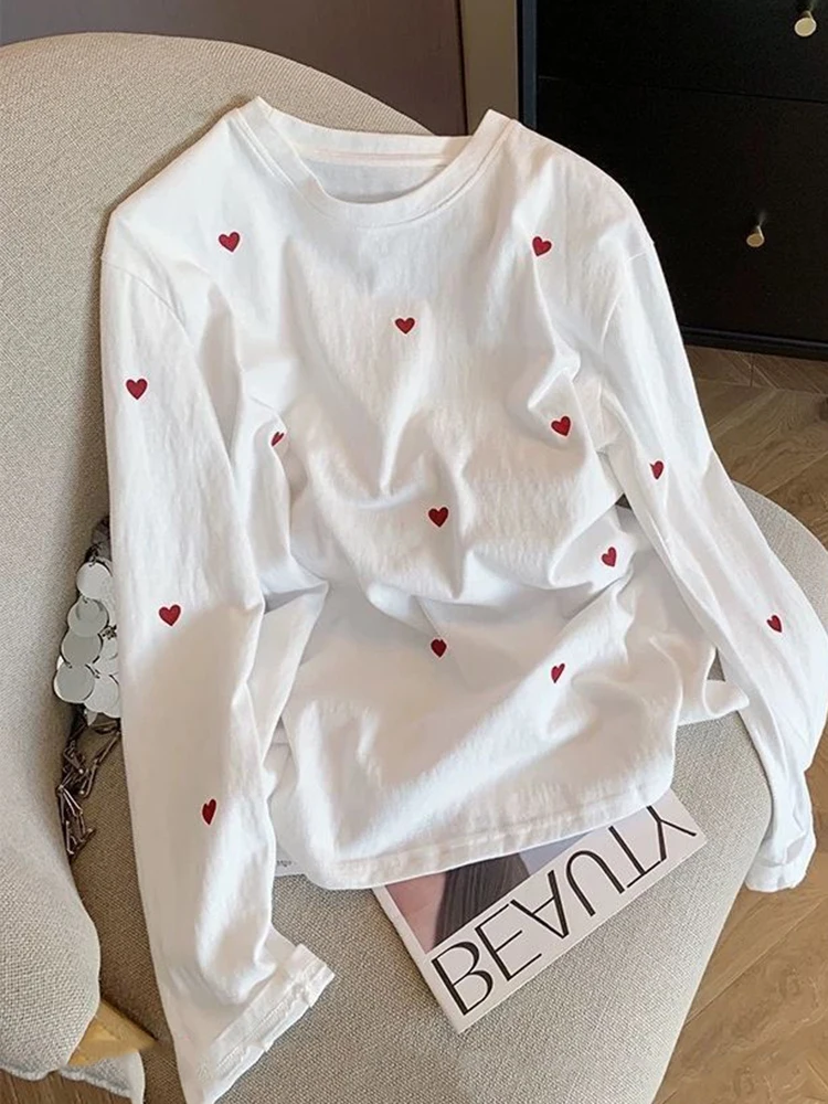 Y2K – t-shirt imprimé cœur pour femmes, en coton blanc, manches longues, bas ample, printemps automne