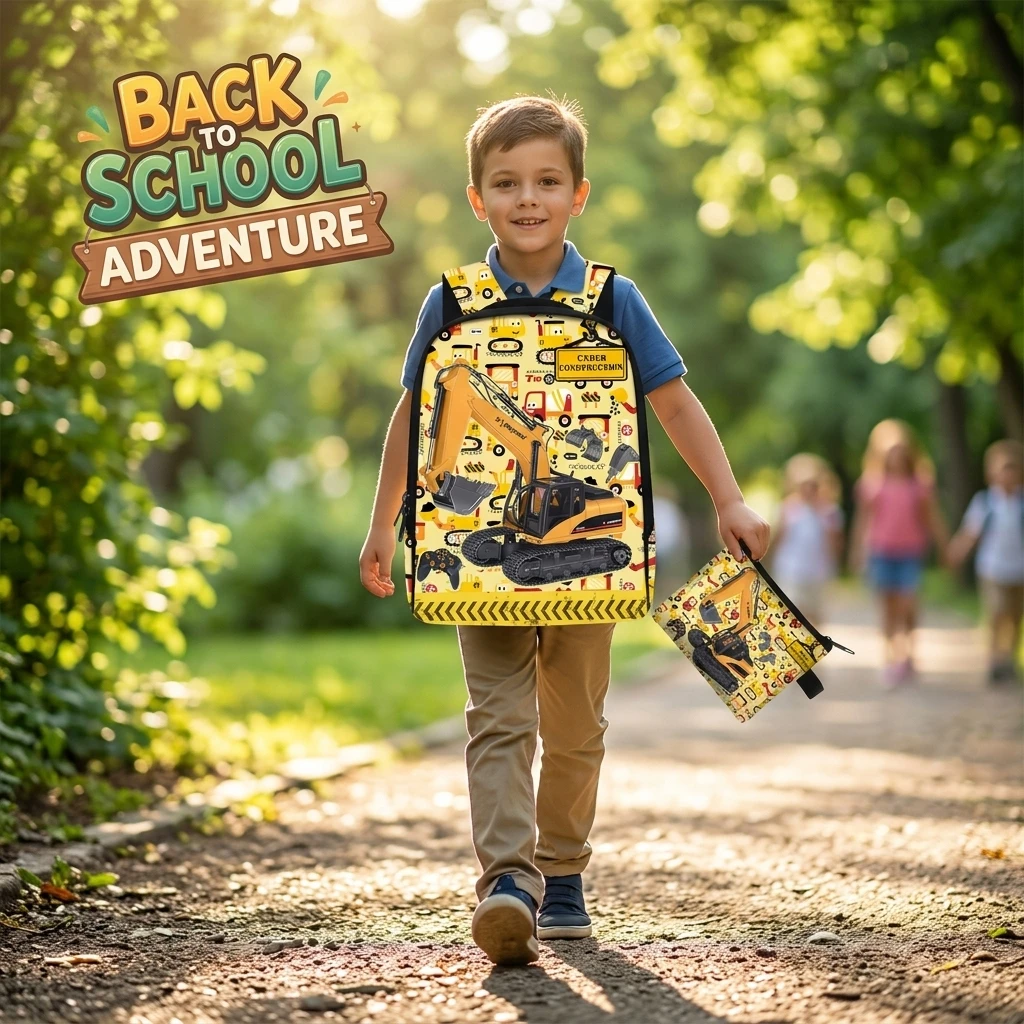 

Premium Excavator Pattern Children's Backpack and Pencil Case Set Waterproof Durable Comfortable Cartoon Print Kids Schoolbag