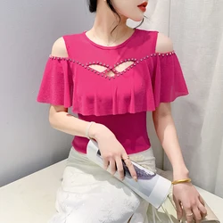 Black Summer Korean Style Mesh T-Shirt Sexy Women Off Shoulder Shiny Diamonds Ruffles Tops Short Sleeve Elastic Tees New 451413