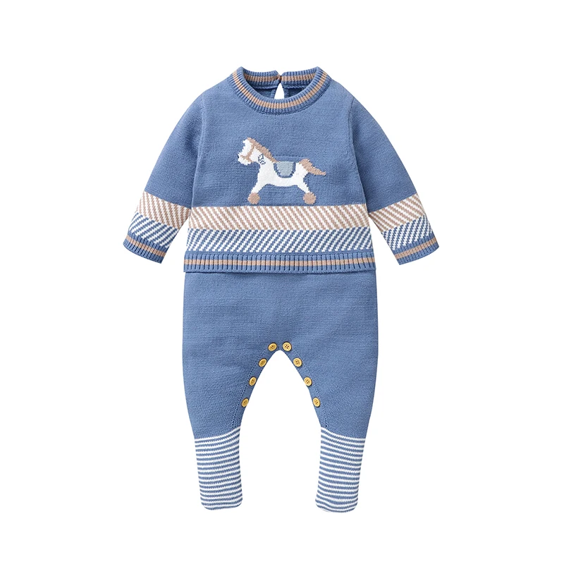 

Baby Boy Knit Romper Striped Horse Jacquard Round Neck Long Sleeve Full Length Jumpsuit for Fall Winter