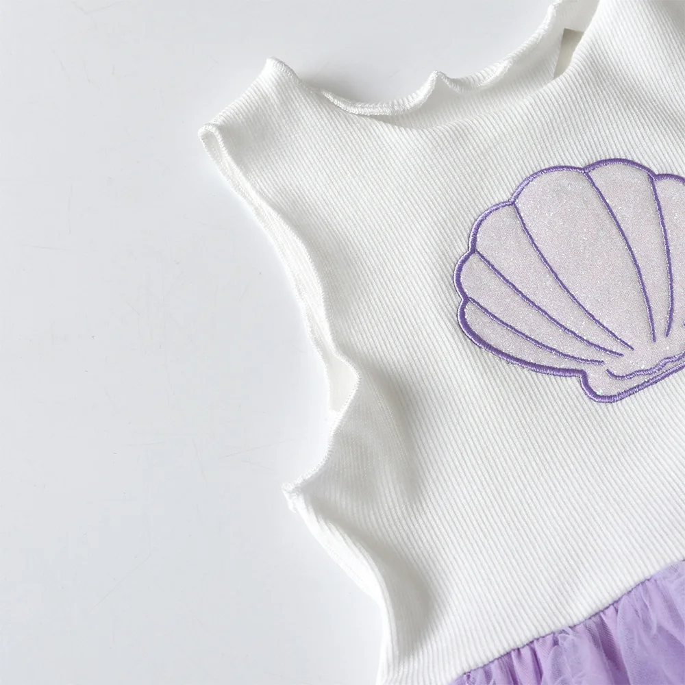 VIKITA Kinder-Kleid in Lila mit Muschel-Stickerei, gestrickt, für Mädchen, Sommer, ärmellos, unregelmäßig, für Party, Tanz, elegantes Tutu-Kuchenkleid – Detail 4