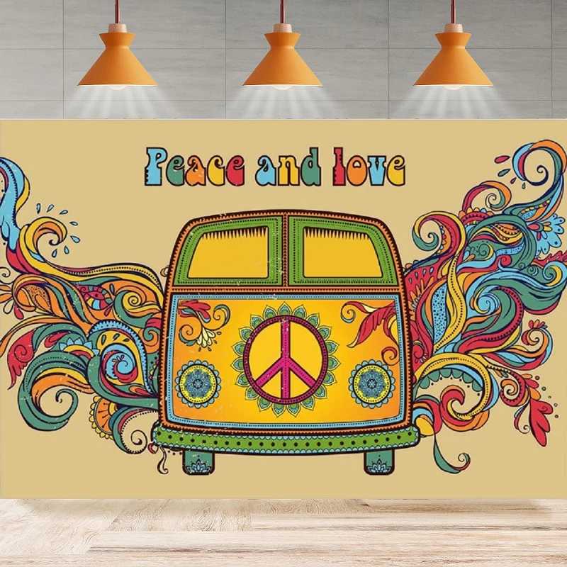 Photography Backdrop Hippie Bus 70s Peace Love Groovy Car Kids Bedroom Living Room Dorm Background Wall Party Home Decor Banner