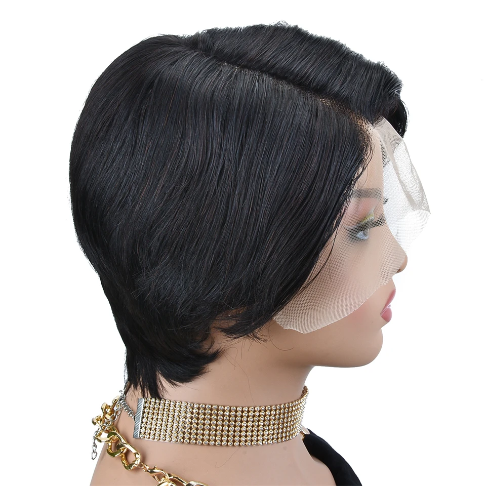 Miss Rola Brazilian Straight Pixie Cut Wigs 13X1 Lace Part Human Hair Wigs Remy Side Part Hair Wig Pre Plucked 180% Density