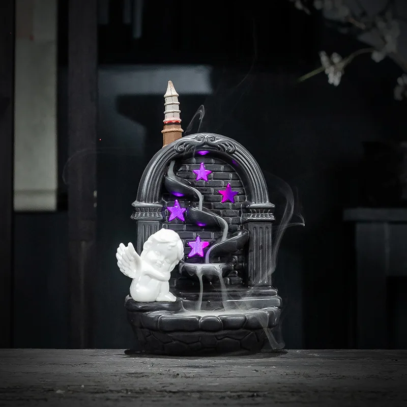 Beautiful Angel Backflow Incense Burner with LED RGB Light Smoke Waterfall Incense Base Living Room Home Decor Christmas Gift