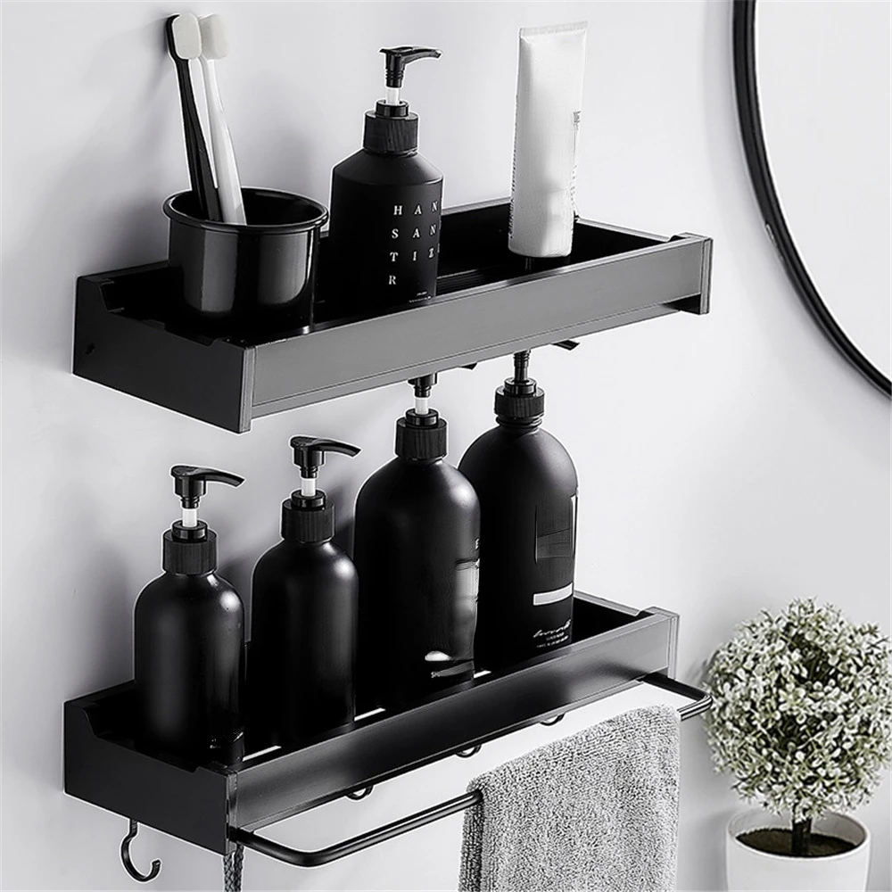 

Shower Storage Rack Holder with Towel Rod, Shampoo Tray Stand, No Drilling Floating Shelf Organizer