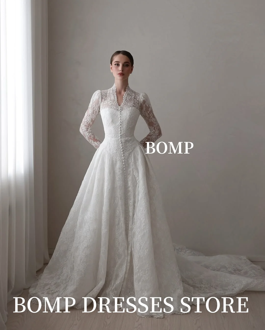 Bomp requintado renda uma linha vestidos de casamento v-neek manga longa renda varredura trem vestidos de noiva modesto dubai árabe feminino personalizado