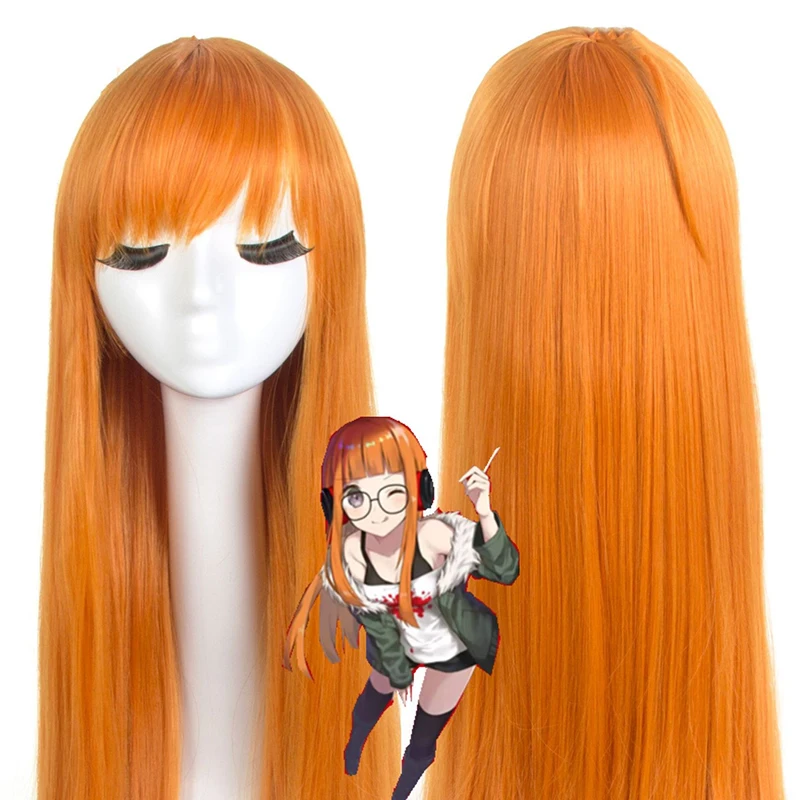 Peruka do cosplayu Persona Sakura Futaba Pomarańczowa Długa Prosta Damska Peruka Syntetyczna na Festiwal, Imprezę, Występ Sceniczny, Pełna Peruka