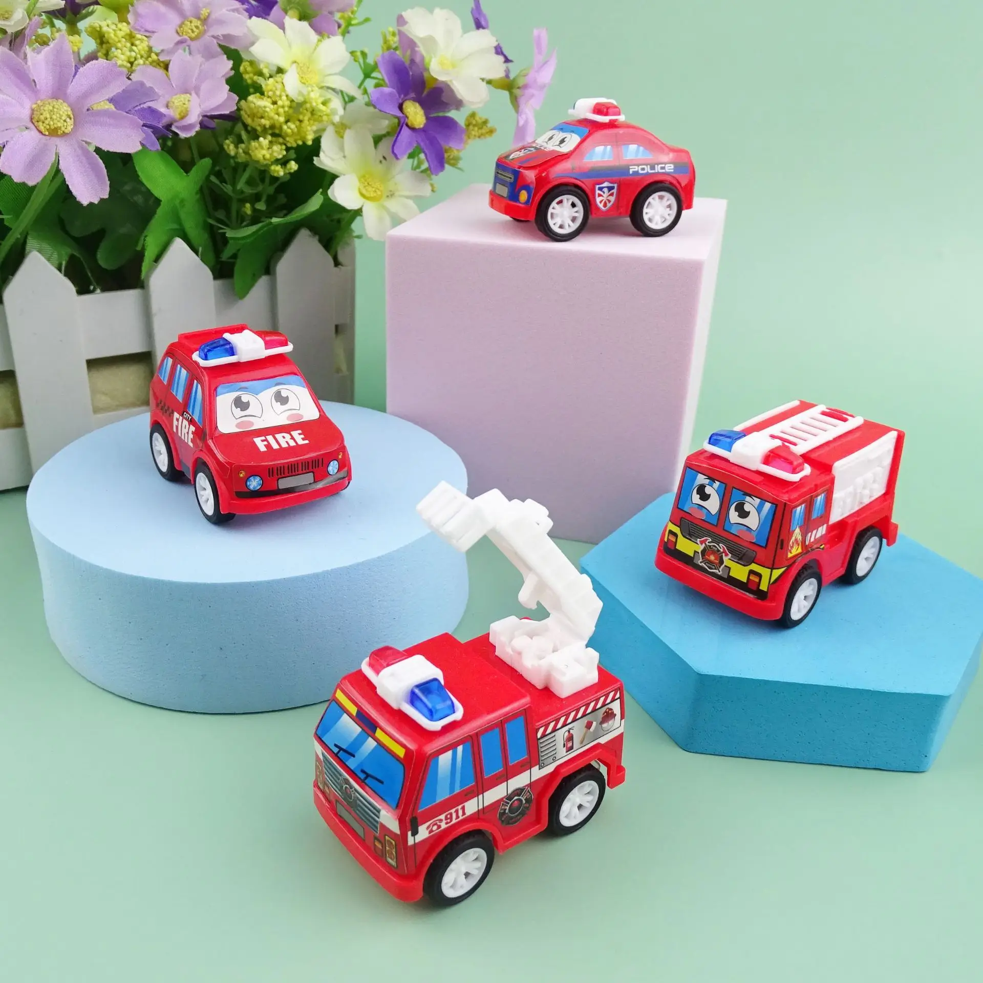 5Pcs Kids Pull Back Car Toys Mini Plastic Cartoon Fire Engine Police Car Series Inertia Car Toy Boy Gift Twisted Egg Car Toys