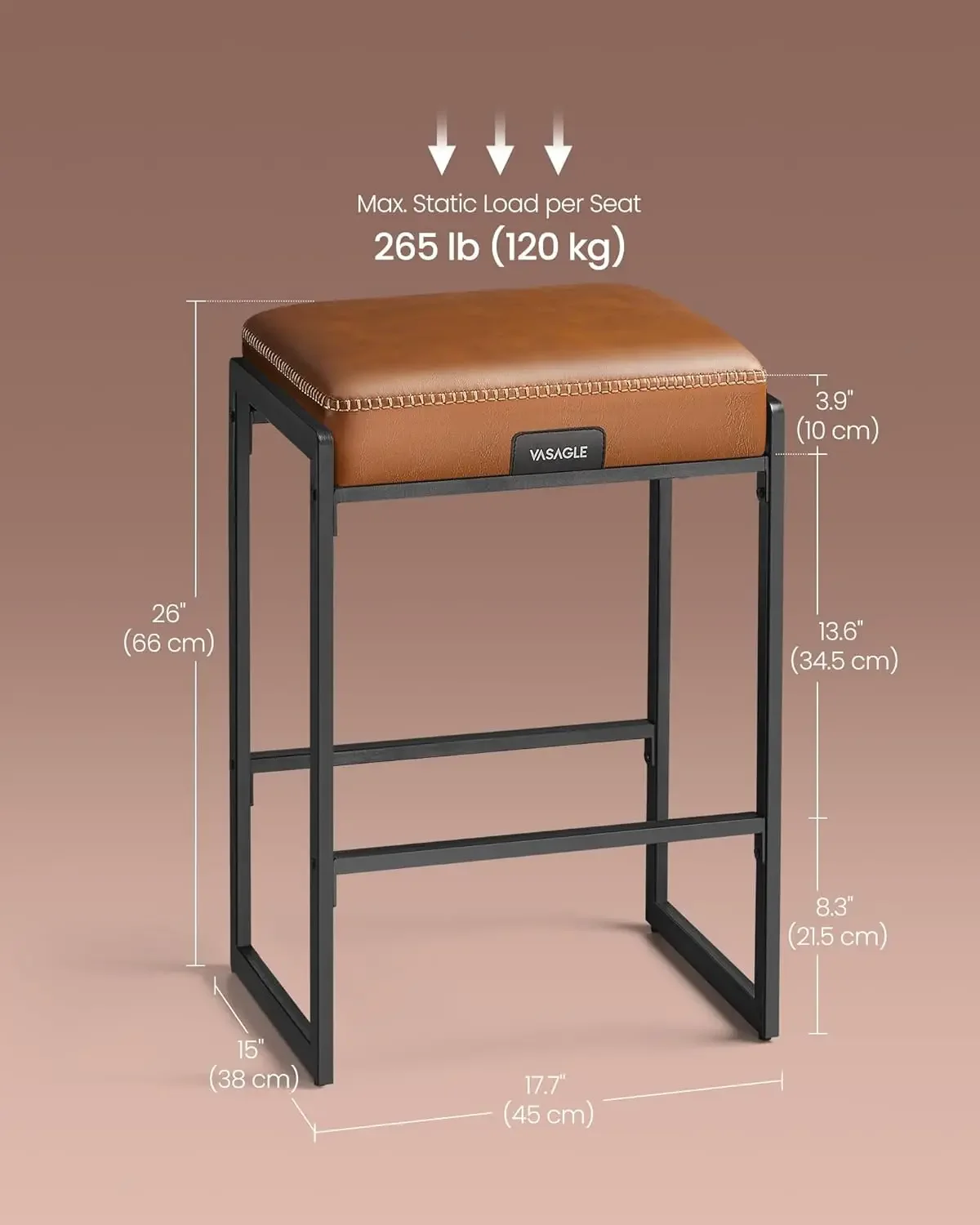 Collection - Bar Stools Set of 2, Counter Height Bar Stools, Synthetic Leather with Stitching, Mid-Century Modern