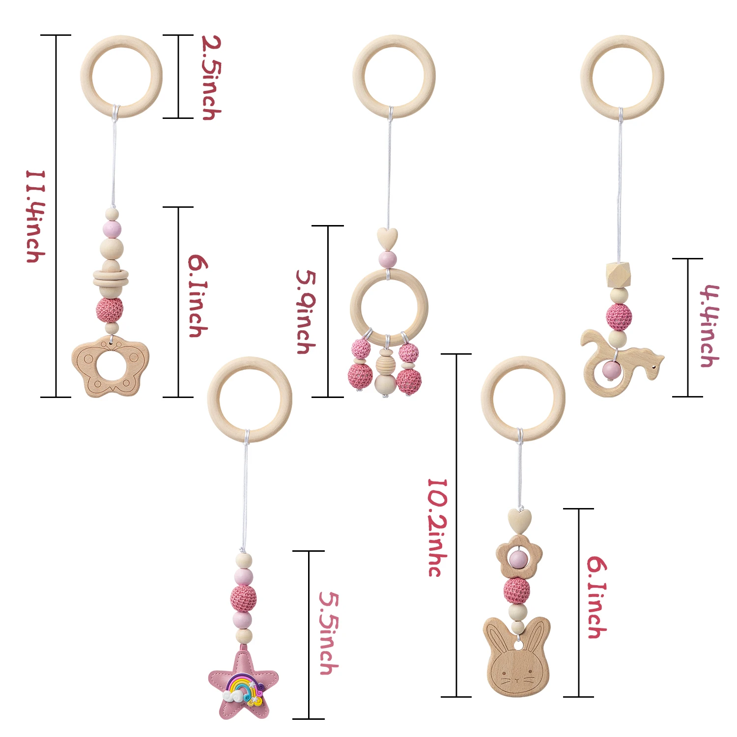 5Pcs Hook Baby Wooden Gym Pendant Set Pink  Bunny Butterfly Kids Gym Frame Stroller Hanging Pendant Decoration for Crib Pram