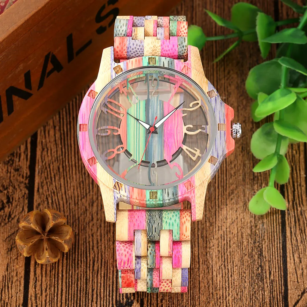 Transparent Hollow Arabic Numerals Dial Colorful Bamboo Watch Men Quartz Wristwatch Folding Clasp Bamboo Wood Bracelet Wristband