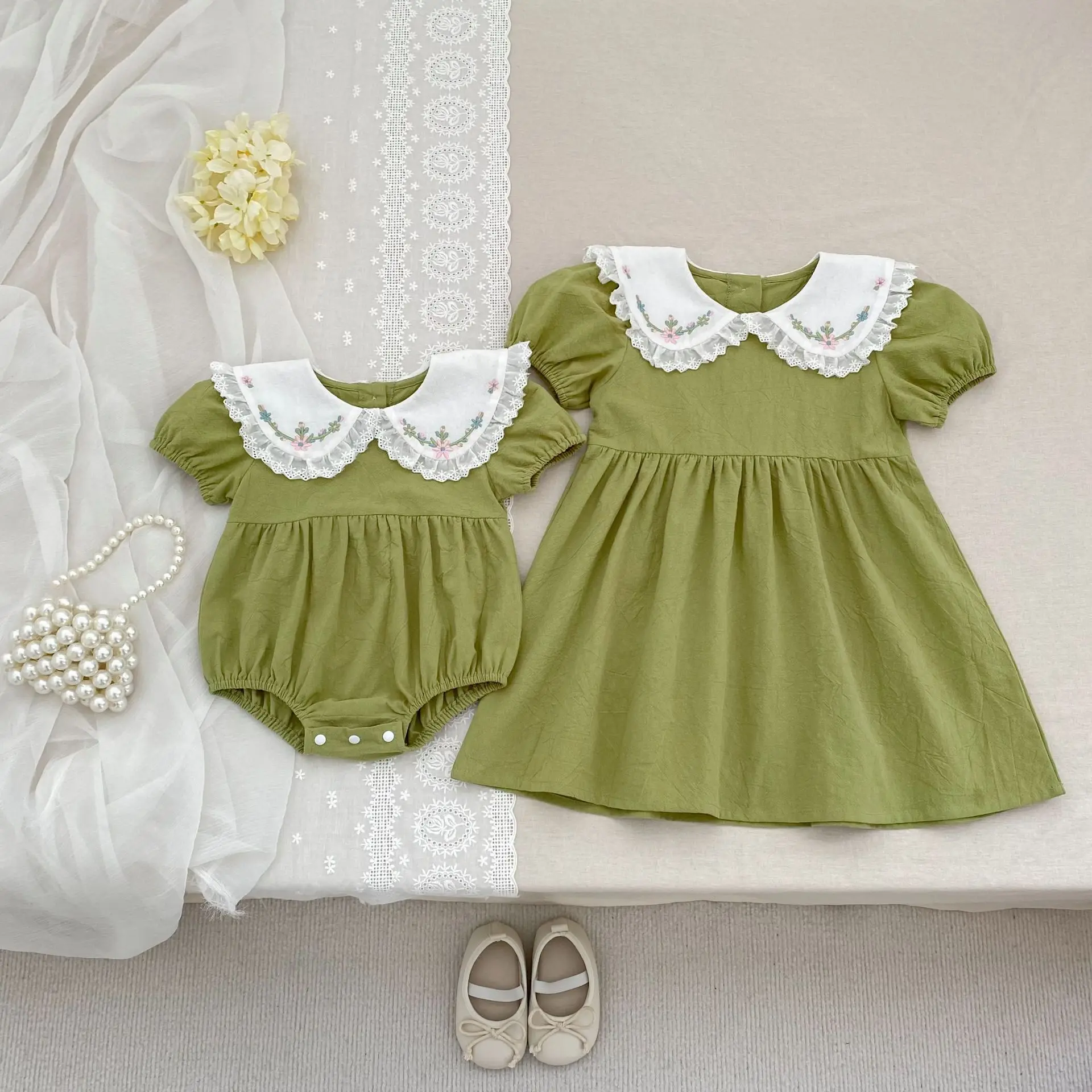 

Toddler Girls Grid Embroidery Dresses Summer Baby Romper Infant Children Cotton Short Sleeve Dresses Nnewborn One-piece Romper