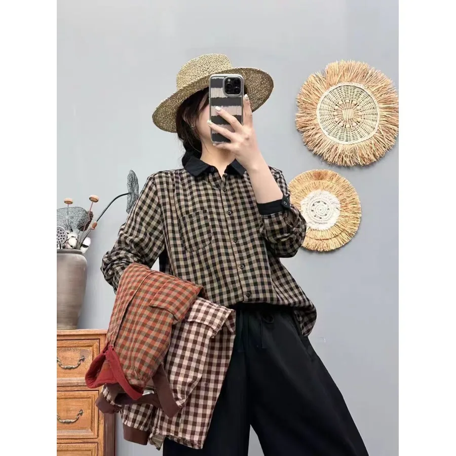

Retro Collar irt Women's Casual Long Sve Cotton Blend Loose Fit Autumn Top Artistic Patchwork Plaid Double Layer