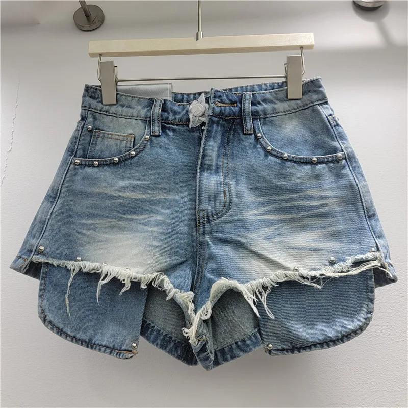 Women's Rivet Ragged Edge Denim Shorts American Casual Fashion Summer Spicy Girls Washed High Waist Splicing Slim Hot Jeans