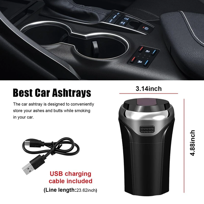 Car Ashtray With Lid, Mini Car Ashtray, Car Ash Tray Trash Can, Detachable USB Rechargeable Cigarette Lighter With LED Light