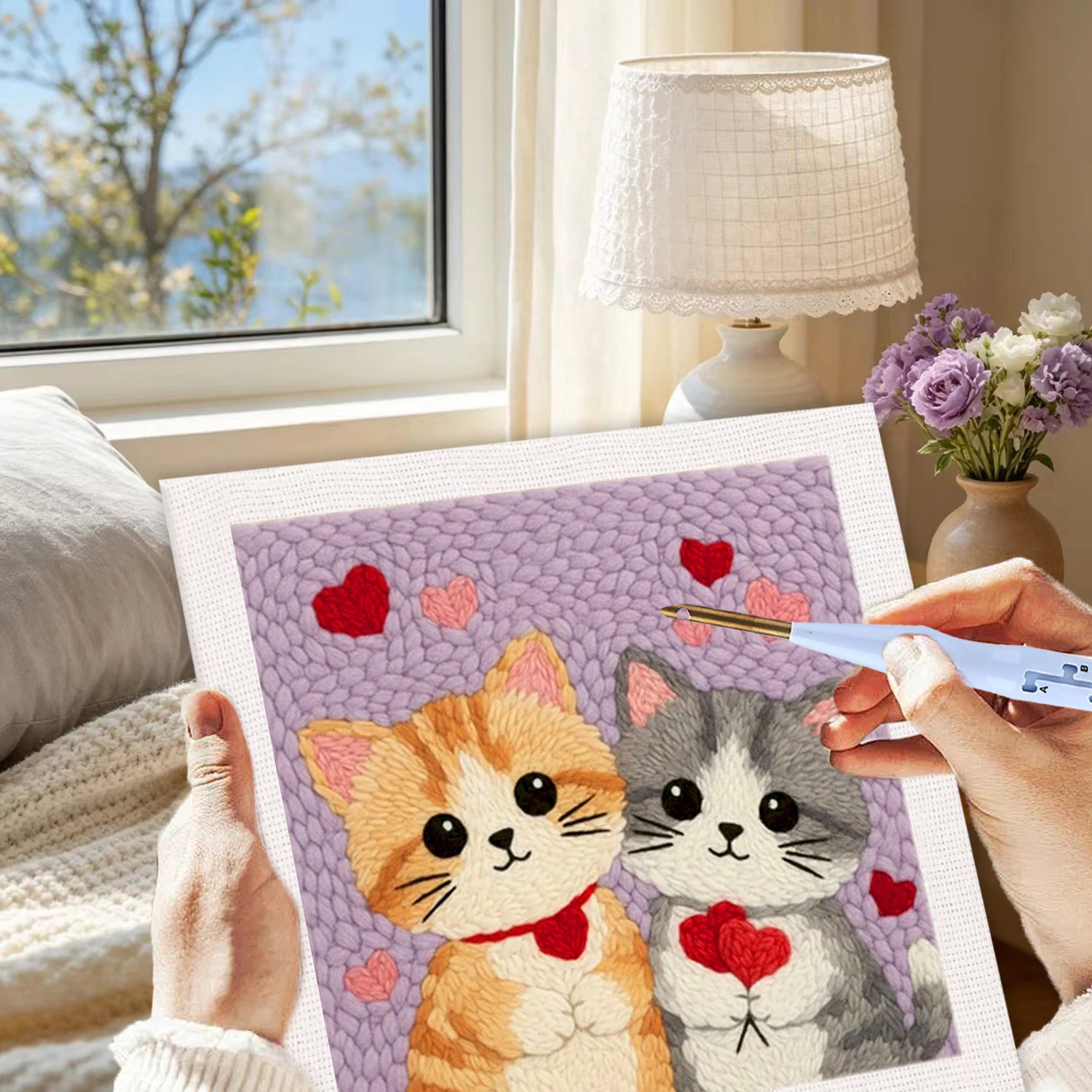 

GATYZTORY 25x25cm Punch Needle Kit Wall Art Adult Hobbies Cute Cat Punch Needle Kit For Beginners Interior Embroidery Needles