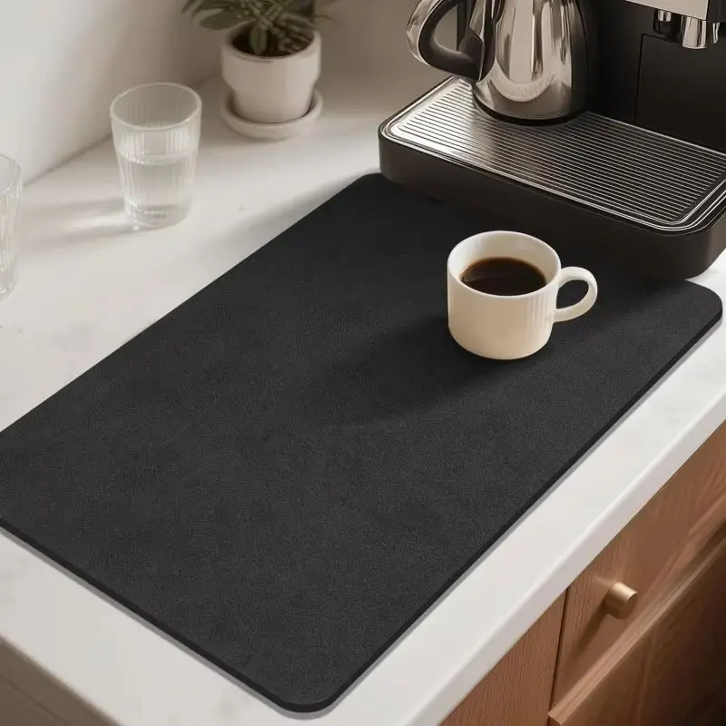 VIKAMA Solid Black Diatom Coffee Mat Quick Dry Absorbent Kitchen Counter Drying Rug Non Slip Espresso Bar Drain Pad