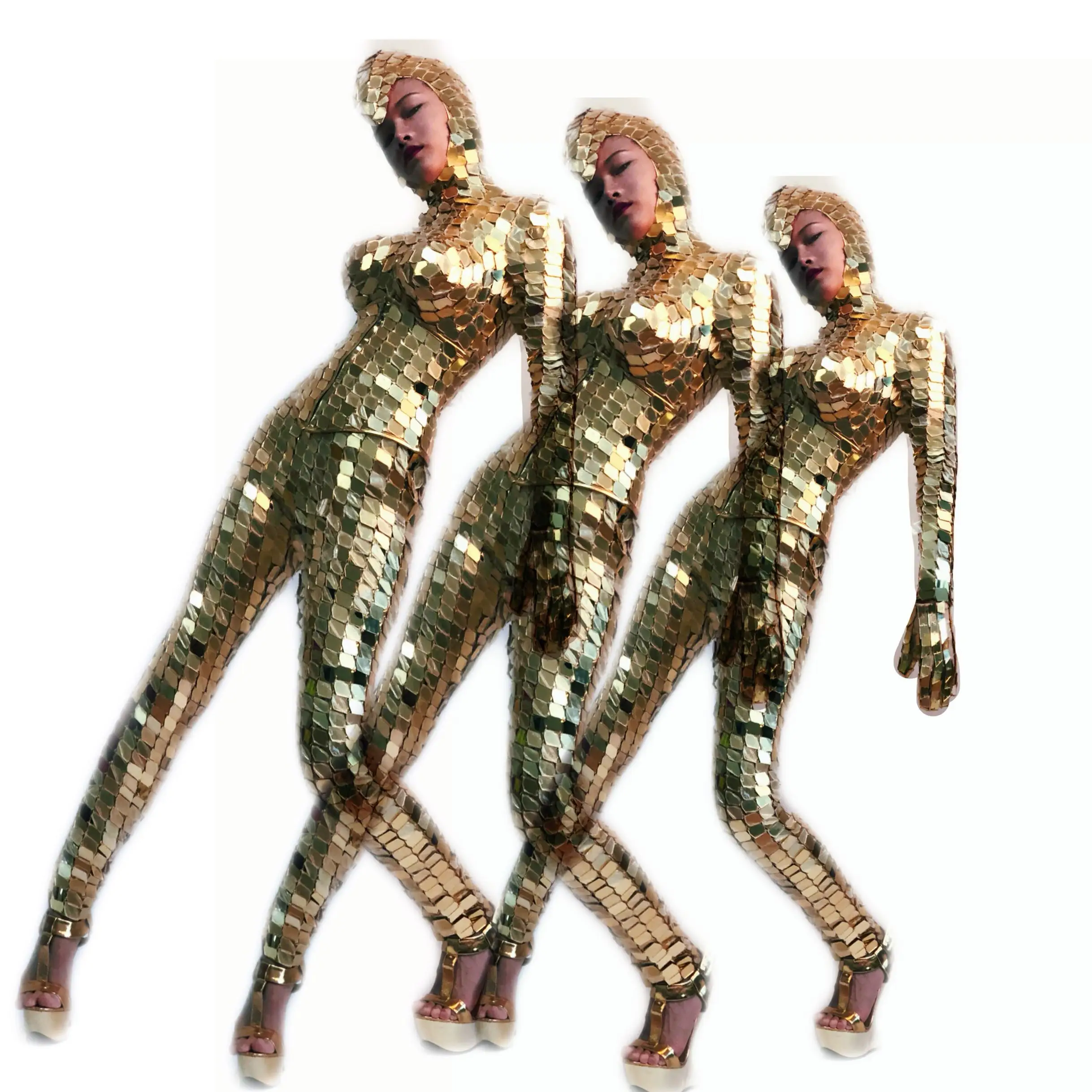 RE71 Female stage pole dance dress gold mirror costumes robot suit model show outfit sequin dress mirrors dj led costume supply