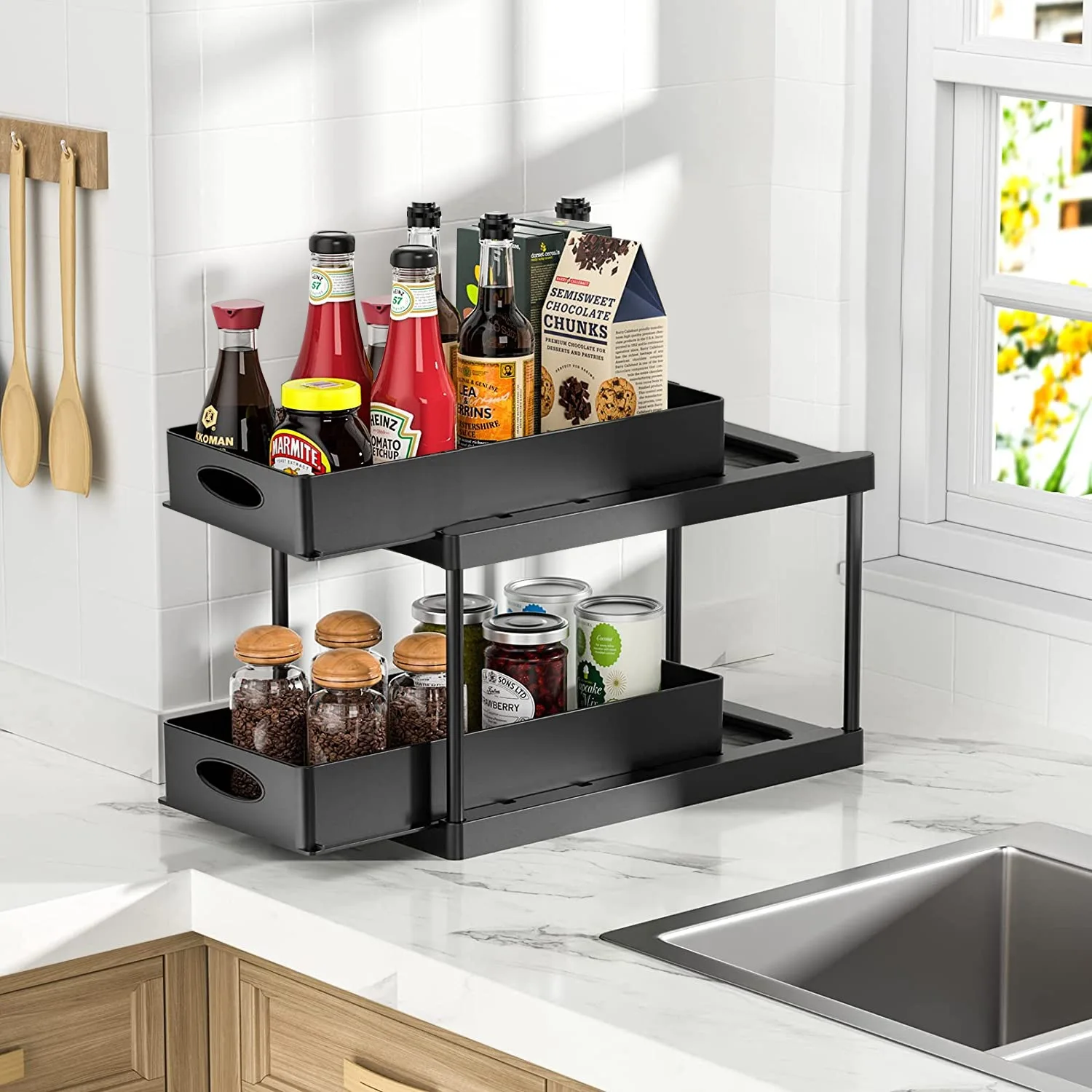 Bathroom Under Sink Organizer 2 Tier Telescopic Storage Rack for Shampoo Detergent Cabinet ,for Kitchen Spices Rack Drawer Shelf