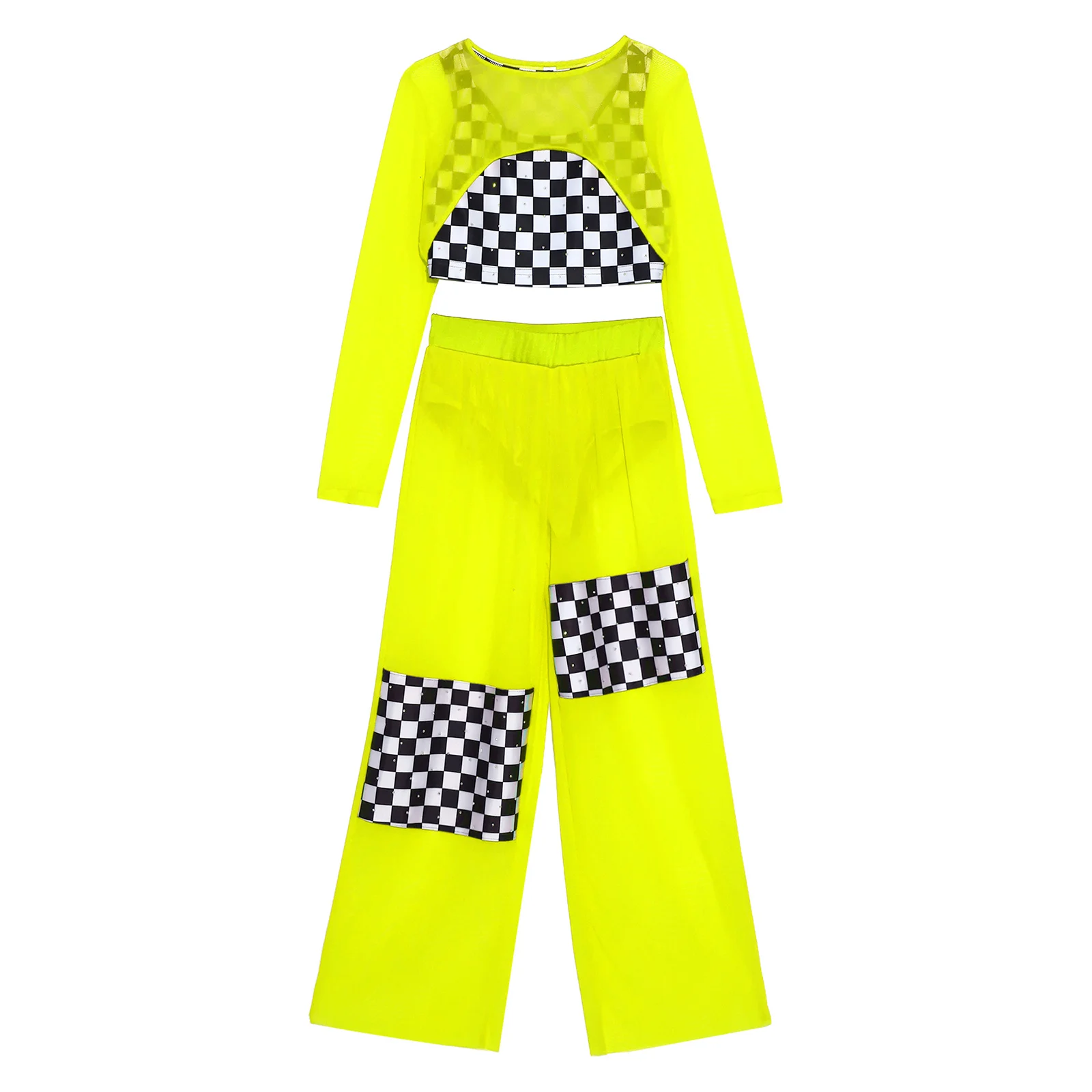 Children Girls Racing Driver Outfit Hip Hop Jazz Street Dance Skateboard Costume Checkerboard Vest with Mesh Crop Top Pants Set