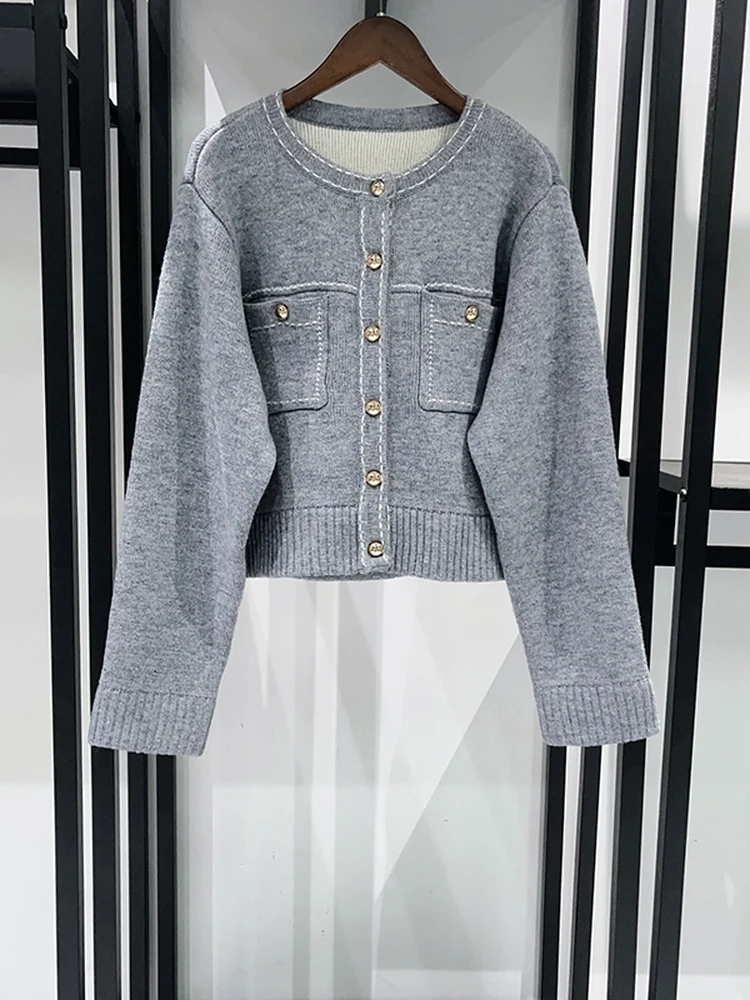 

Французский вязаный кардиган из смесовой пряжи с круглым вырезом, цветными вставками и короткими рукавами, женская модная одежда для осени и зимы