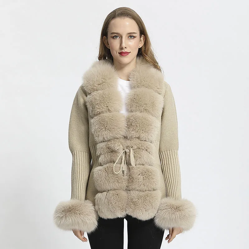 JANEFUR Wool Cardigan Luxury Women 2024 Real Fox Fur Trim Cuffs Knit Sweater Custom Fashion Sexy Knitwear Y2K