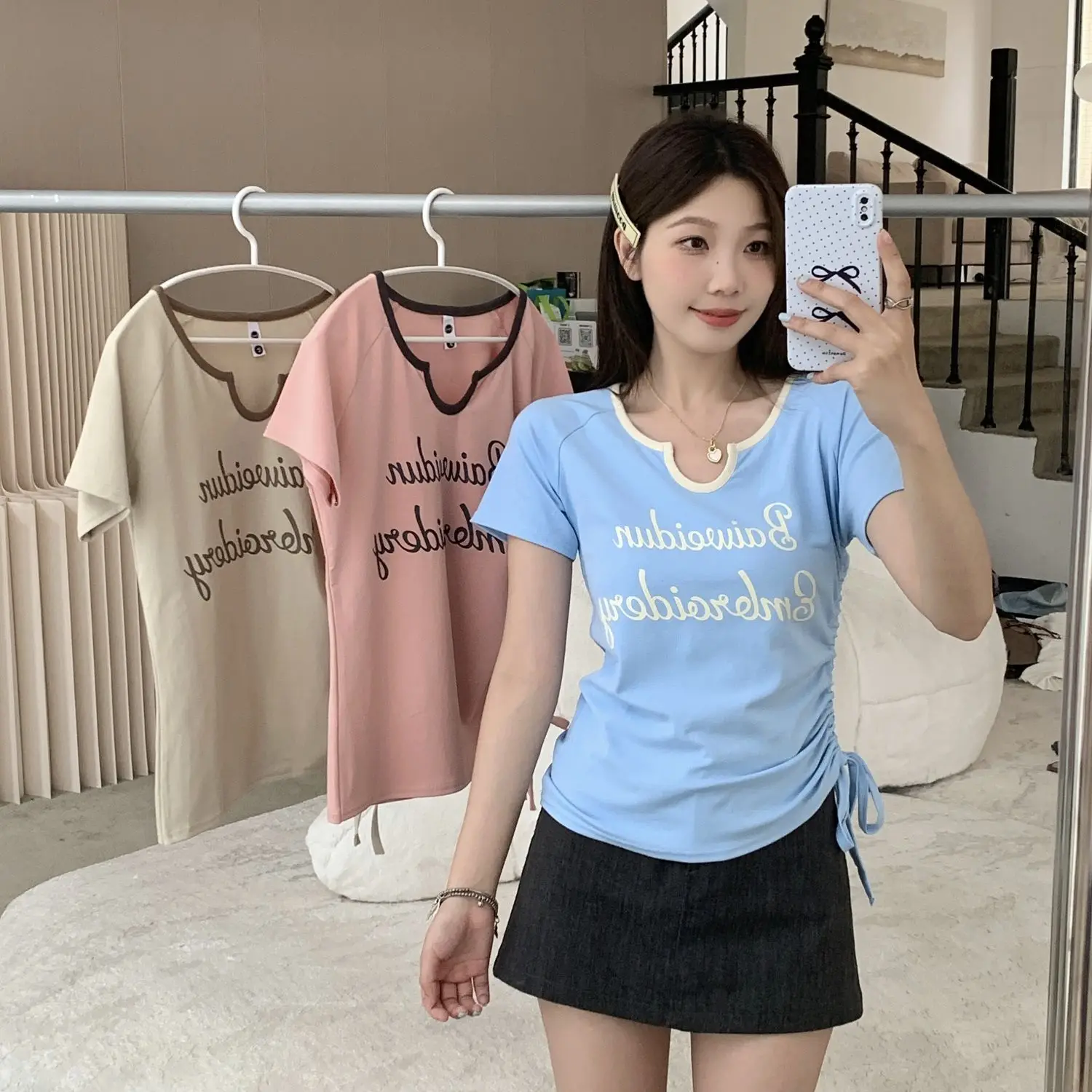 

Dopamine Wear Short Sleeve Design Sense Drawstring Minority Print T-shirt Slim Top-New Summer 2024