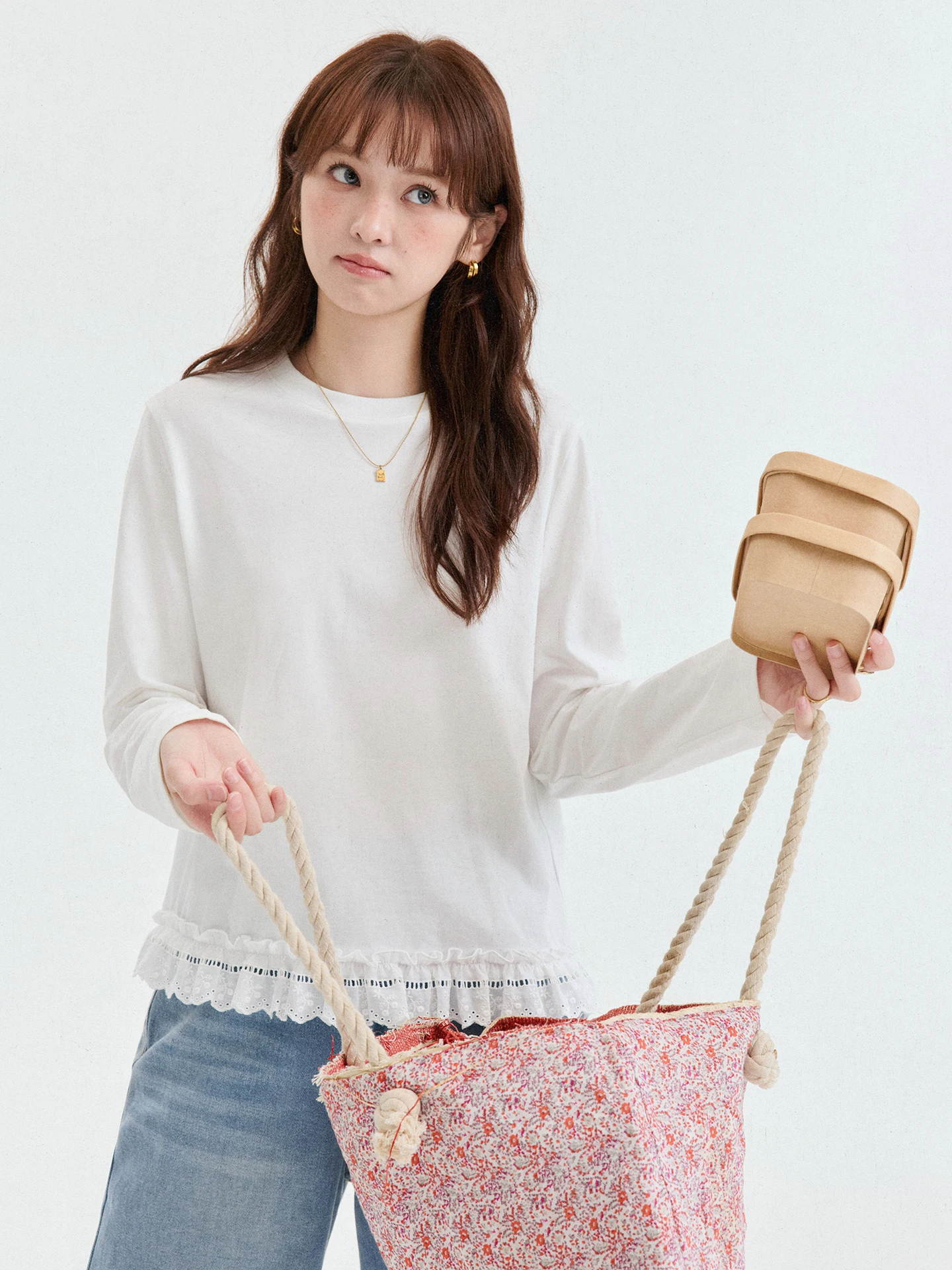 AMUU Original Spliced Lace Pure Cotton Loose Long Sleeve T-Shirt Women's Autumn New Style Versatile White Top Korean Style Co...