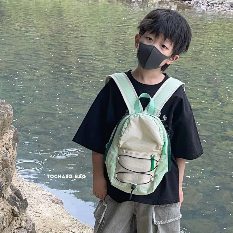 Children's color matching backpack draw rope light nylon elementary school bag outdoor mountaineering backpack