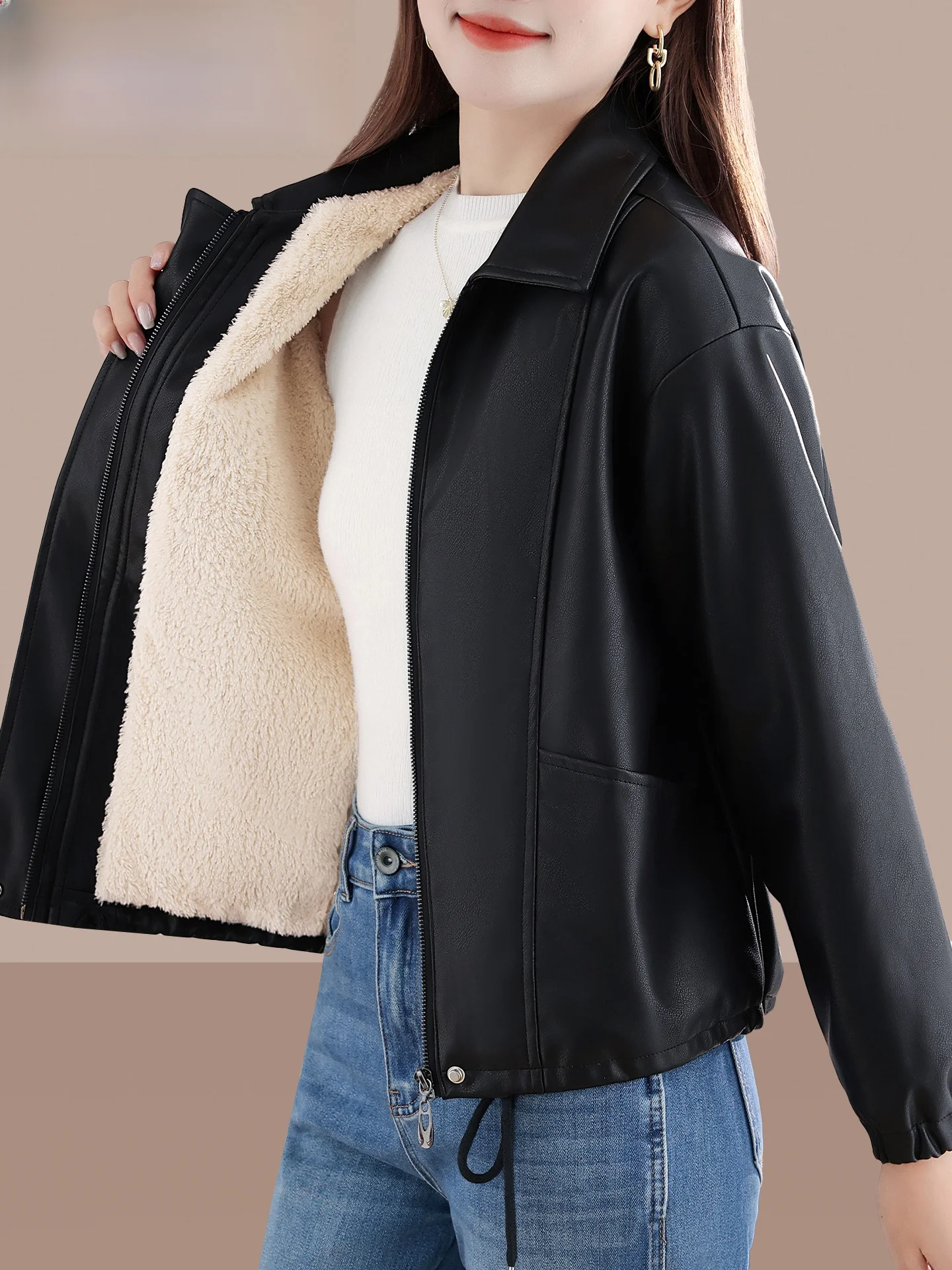 Thiened Face Lined of Biker Jacket Dames winterbovenkleding Warme kleppenkraag Ritssluiting PU-leren jas voor dagelijks gebruik