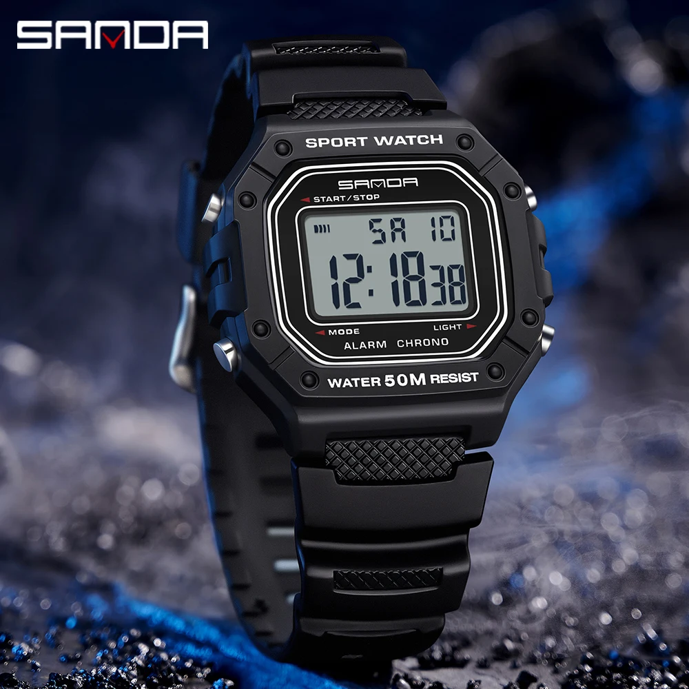 SANDA 2156 Mens Electronic Watch 50M Water Resistant Outdoor Sport Watches Luminous Square Dial Led Digital Wristwatches for Man