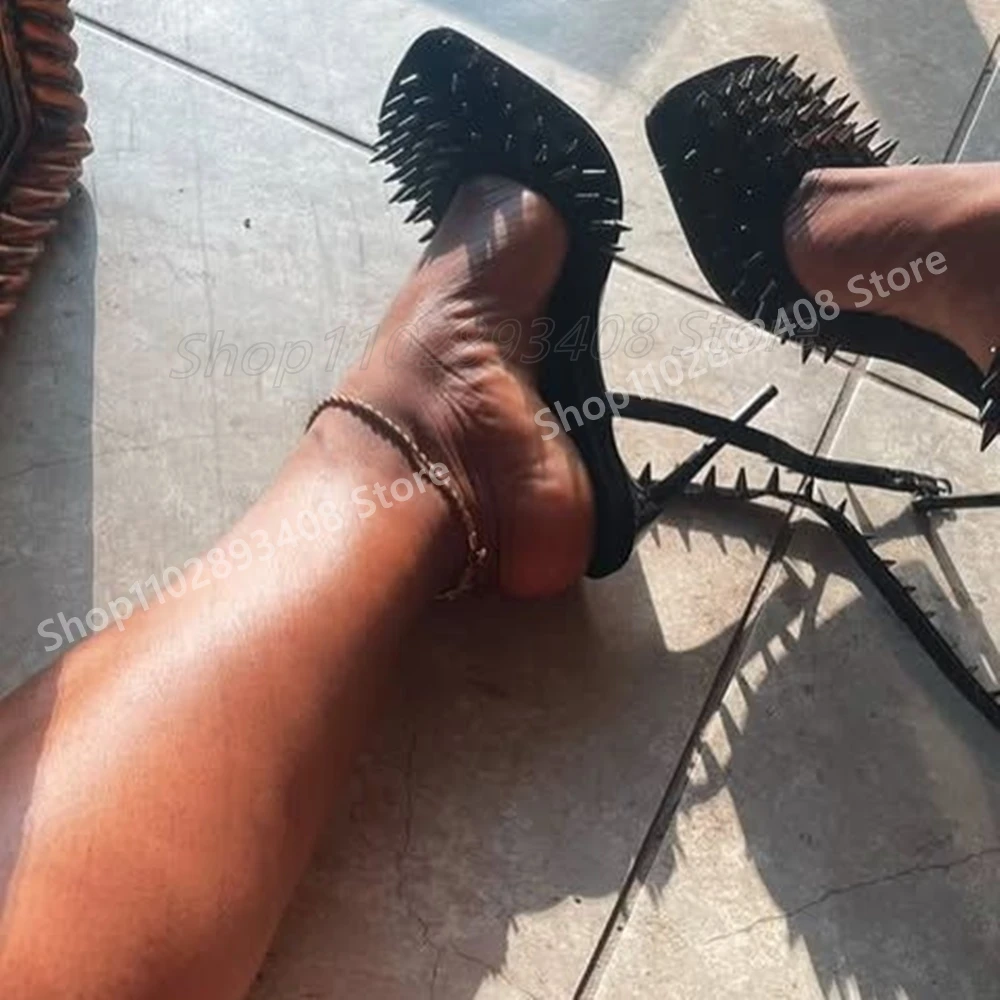 

Sexy Hot Girls Metal Rivets Decor Sandals Stiletto High Heel Black Shiny Leather Fashion Women Shoes 2025 Spring Para Mujere