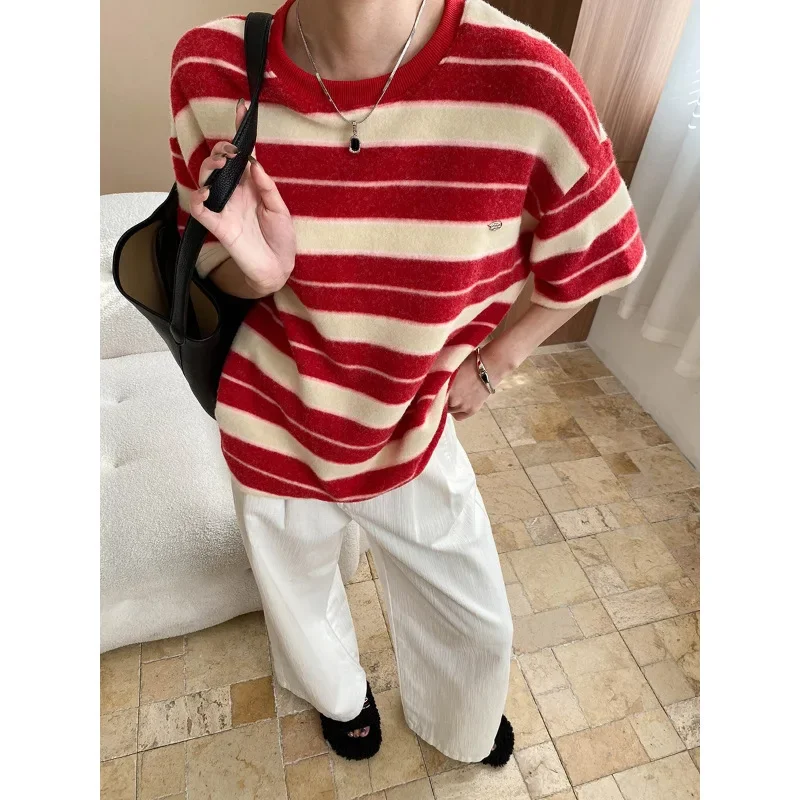 

LangMao Spring Red Beige Striped Oversized Brushed T Shirt Short Sleeve Relaxed Sticky Thick Round Neck T-shirt