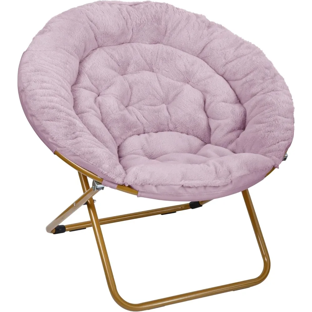 كرسي صحن قابل للطي كبير الحجم مع فرو صناعي - إطار معدني ذهبي ناعم أرجواني مغبر - كرسي قمر محمول 38 قابل للطي للمريح #3