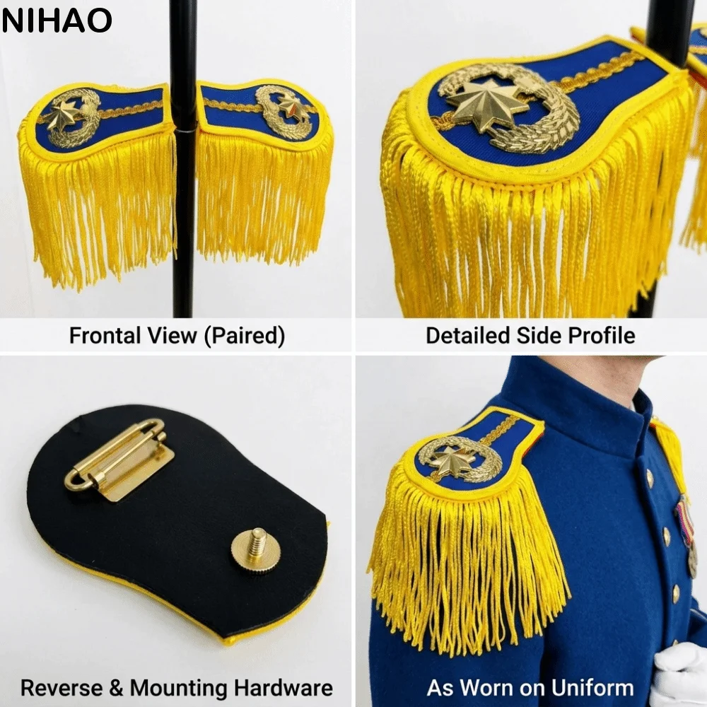 Smooth Satin Fabric Epaulettes Alloy Decorative Emblems Hidden Safety Pins Shoulder Badges Imitation Metallic Tassels