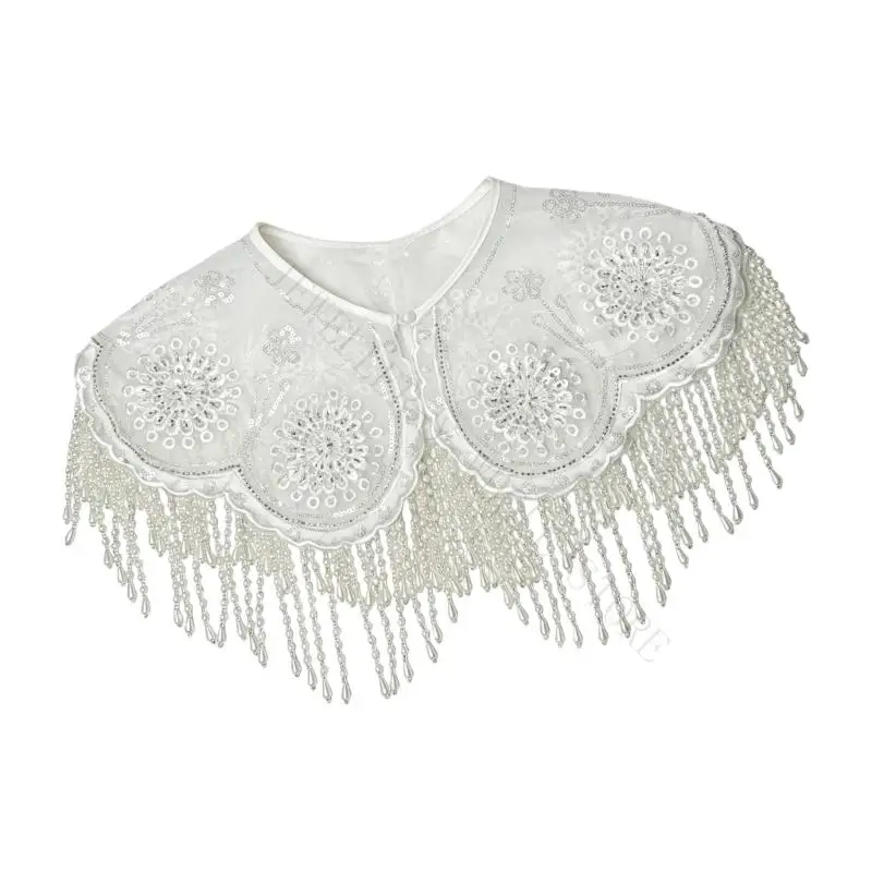 R7UF Delicate Detachable Organza Collar With Beaded Embroidery And Flowing Fringe