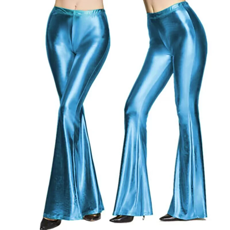 Women Shiny Flare Trousers Metallic Ruffles Wide Leg Pants Retro 70s Disco Hippie Clubwear Bell Bottom Trousers Skinny Pants