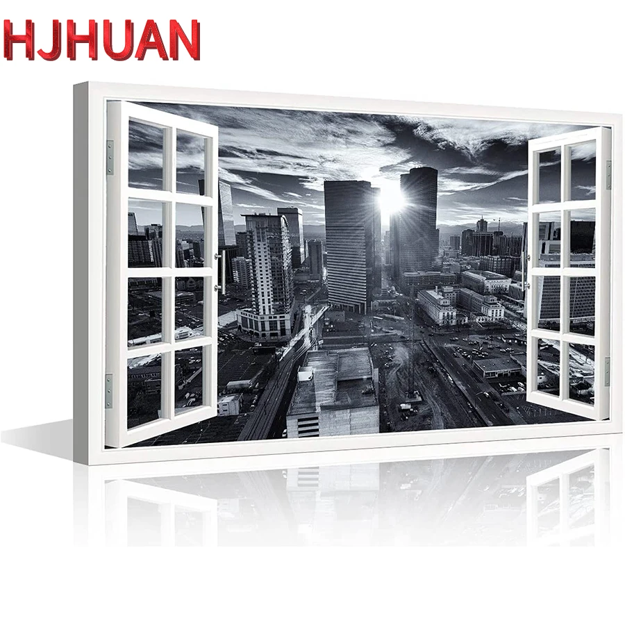 

Diy False windows, black and white cityscape of city buildings Diamond Painting Full Round Square Drill Home Decor Birthday Gift