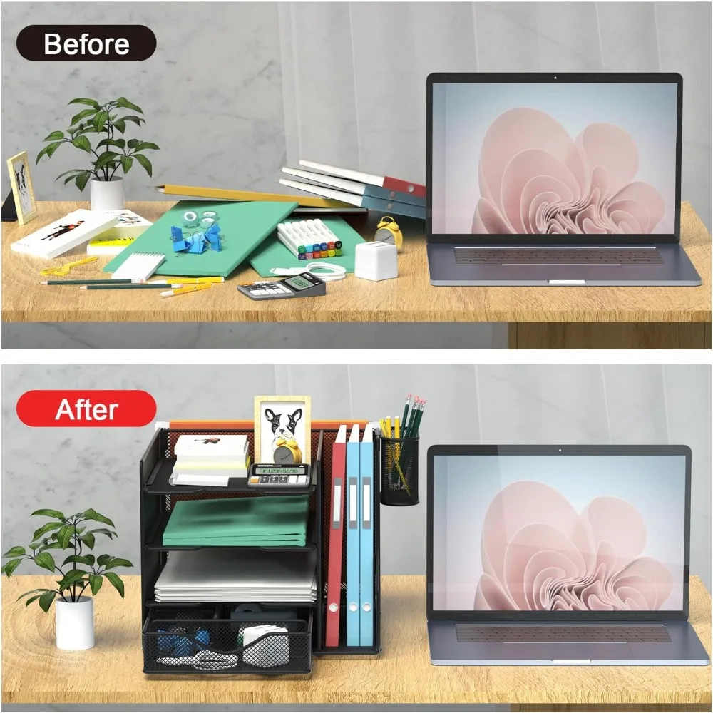 organizer da scrivania con portadocumenti sospeso, vassoio porta lettere in carta con cassetto e portapenne, organizer da scrivania in rete e portaoggetti