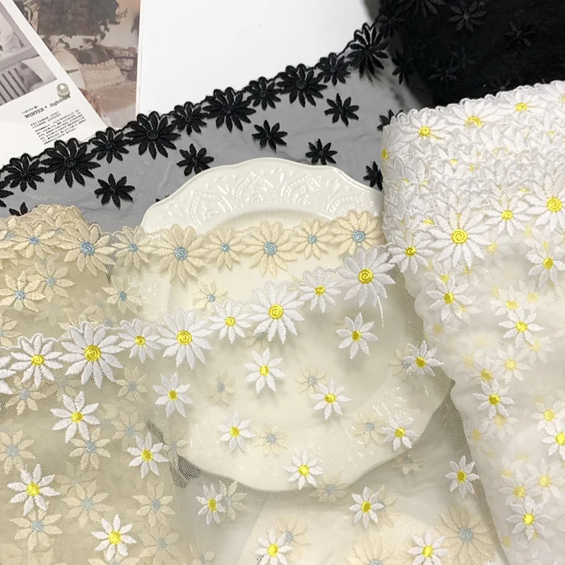 20Yards Daisy Floral Embroidery Lace Trim Black White Dress Sewing Lingerie Cloth Bra Decor Needlework Trimmings