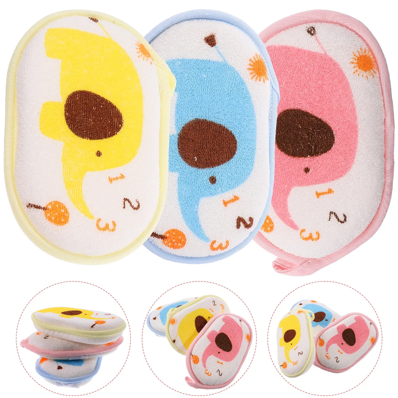 3Pcs Baby Bath Sponge Cotton Cartoon Elephant Pattern Soft Shower Towel for Newborn Toddler Bathing Care Absorbent Baby Bath Pad