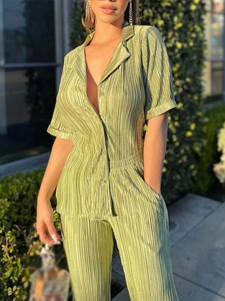 Loose Green Summer Shorts Suit Fashion Women Pajamas Short Sleeve Two Piece Set Casual Sleepwear Pleated High Waist Pants Set